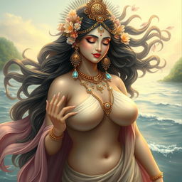 A captivating depiction of the goddess Ganga, the personification of the river, showcasing her divine beauty with an emphasized focus on her voluptuous figure