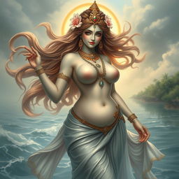 A captivating depiction of the goddess Ganga, the personification of the river, showcasing her divine beauty with an emphasized focus on her voluptuous figure