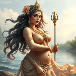 A captivating depiction of the goddess Ganga, the personification of the river, showcasing her divine beauty with an emphasized focus on her voluptuous figure