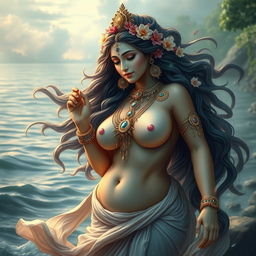 A captivating depiction of the goddess Ganga, the personification of the river, showcasing her divine beauty with an emphasized focus on her voluptuous figure