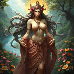 A fantastical depiction of a goddess with three elegant breasts, symbolizing abundance and fertility