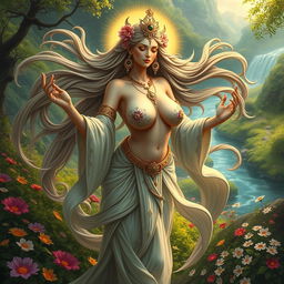 A fantastical depiction of a goddess with three elegant breasts, symbolizing abundance and fertility