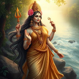 An enchanting depiction of the Indian goddess Ganga, personifying the sacred river, presented in a captivating pose that emphasizes her divine femininity
