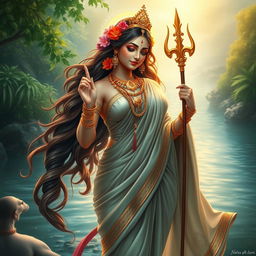 An enchanting depiction of the Indian goddess Ganga, personifying the sacred river, presented in a captivating pose that emphasizes her divine femininity
