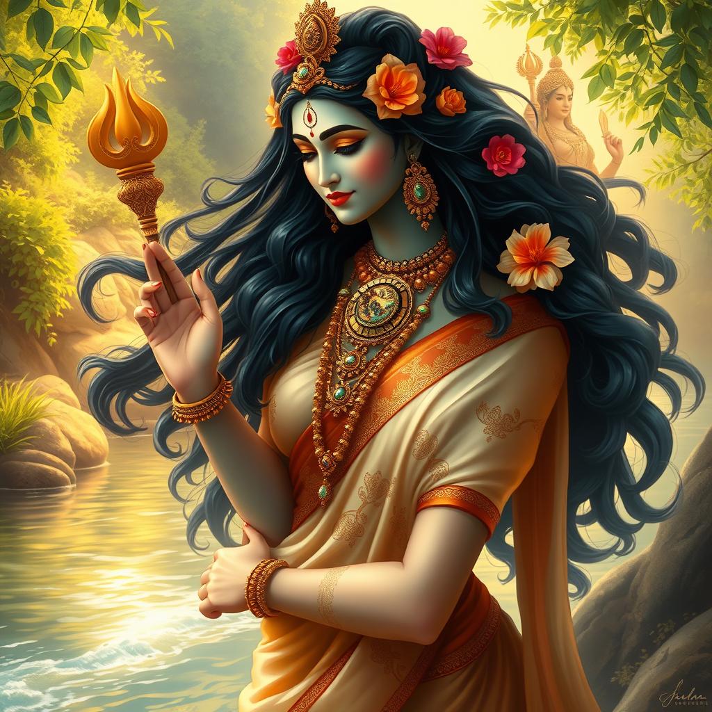 An enchanting depiction of the Indian goddess Ganga, personifying the sacred river, presented in a captivating pose that emphasizes her divine femininity