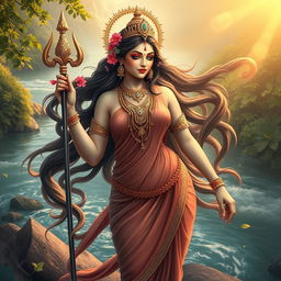 An enchanting depiction of the Indian goddess Ganga, personifying the sacred river, presented in a captivating pose that emphasizes her divine femininity