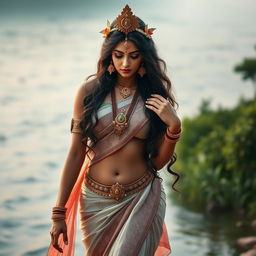 An alluring portrayal of the Indian goddess Ganga, depicted in a captivating pose that highlights her divine beauty