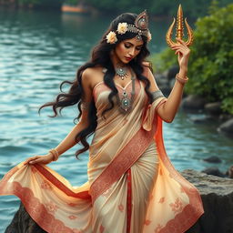 An alluring portrayal of the Indian goddess Ganga, depicted in a captivating pose that highlights her divine beauty
