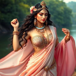 A captivating representation of the Indian goddess Ganga, depicted in graceful attire that includes a decorative bra, accentuating her divine femininity