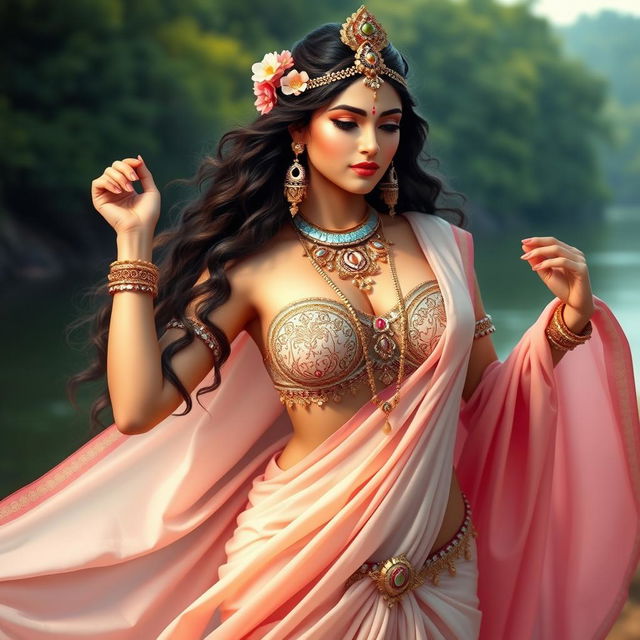 A captivating representation of the Indian goddess Ganga, depicted in graceful attire that includes a decorative bra, accentuating her divine femininity