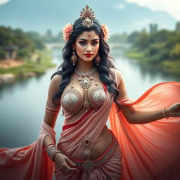 A captivating representation of the Indian goddess Ganga, depicted in graceful attire that includes a decorative bra, accentuating her divine femininity