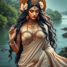 A captivating representation of the Indian goddess Ganga, depicted in graceful attire that includes a decorative bra, accentuating her divine femininity