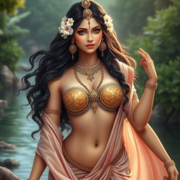 A captivating representation of the Indian goddess Ganga, depicted in graceful attire that includes a decorative bra, accentuating her divine femininity