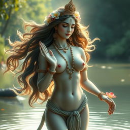 A sublime representation of the Indian goddess Ganga, depicted in a natural and ethereal form that emphasizes her divine essence