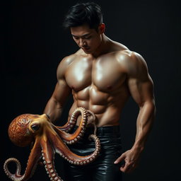 A Japanese muscular man showcasing an impressive physique, dressed in tight black leather clothing that accentuates his muscular form