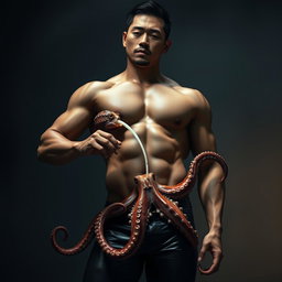 A Japanese muscular man showcasing an impressive physique, dressed in tight black leather clothing that accentuates his muscular form