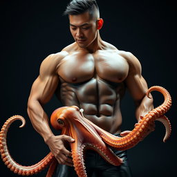 A Japanese muscular man showcasing an impressive physique, dressed in tight black leather clothing that accentuates his muscular form