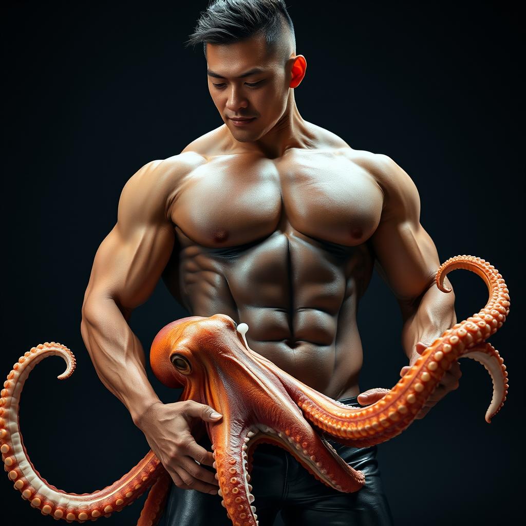 A Japanese muscular man showcasing an impressive physique, dressed in tight black leather clothing that accentuates his muscular form