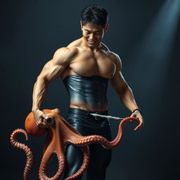 A Japanese muscular man showcasing an impressive physique, dressed in tight black leather clothing that accentuates his muscular form