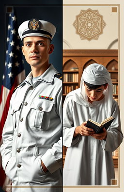 A split cover design with two contrasting sides: on the left, a navy soldier in a detailed military uniform, standing confidently with an American flag in the background