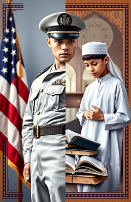 A split cover design with two contrasting sides: on the left, a navy soldier in a detailed military uniform, standing confidently with an American flag in the background