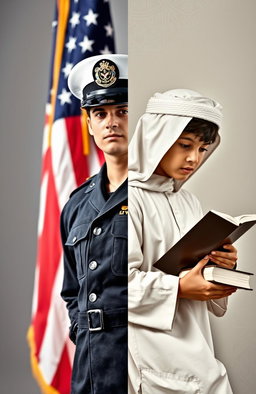 A split cover design with two contrasting sides: on the left, a navy soldier in a detailed military uniform, standing confidently with an American flag in the background