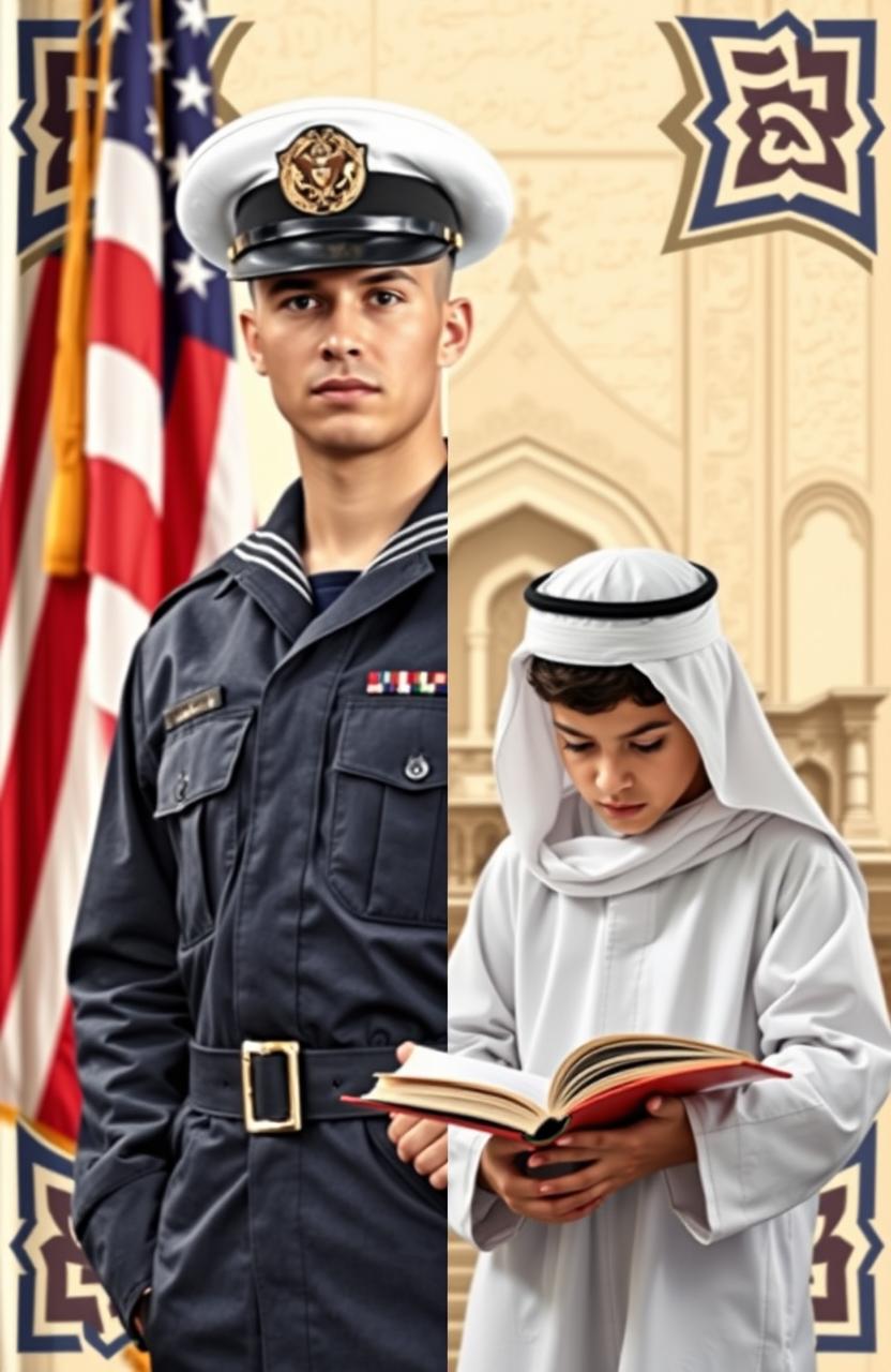 A split cover design with two contrasting sides: on the left, a navy soldier in a detailed military uniform, standing confidently with an American flag in the background