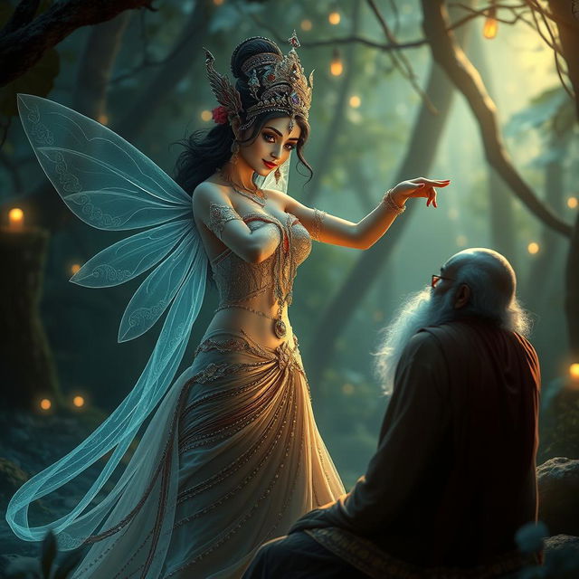 A mesmerizing scene depicting Urvashi, the enchanting Apsara from Indian mythology, in an alluring pose as she seduces a sage
