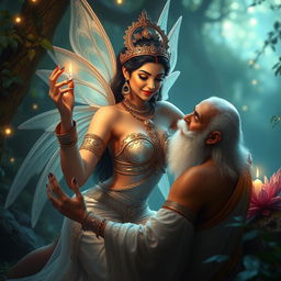 A mesmerizing scene depicting Urvashi, the enchanting Apsara from Indian mythology, in an alluring pose as she seduces a sage