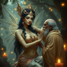 A mesmerizing scene depicting Urvashi, the enchanting Apsara from Indian mythology, in an alluring pose as she seduces a sage