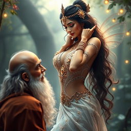 A mesmerizing scene depicting Urvashi, the enchanting Apsara from Indian mythology, in an alluring pose as she seduces a sage