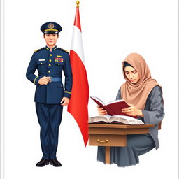 A split cover design featuring two distinct images: on the left, an Indonesian navy soldier in full uniform, standing proudly with the Indonesian flag in the background, displaying a strong and determined pose