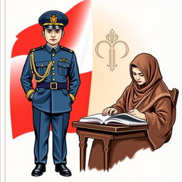A split cover design featuring two distinct images: on the left, an Indonesian navy soldier in full uniform, standing proudly with the Indonesian flag in the background, displaying a strong and determined pose
