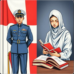 A split cover design featuring two distinct images: on the left, an Indonesian navy soldier in full uniform, standing proudly with the Indonesian flag in the background, displaying a strong and determined pose