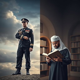 A visually striking split cover design featuring two distinct images: on the left, a navy soldier in full military attire, standing tall and proud with a determined expression, the backdrop showcasing a dramatic sky
