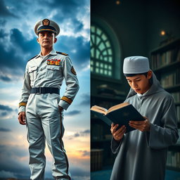 A visually striking split cover design featuring two distinct images: on the left, a navy soldier in full military attire, standing tall and proud with a determined expression, the backdrop showcasing a dramatic sky