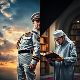 A visually striking split cover design featuring two distinct images: on the left, a navy soldier in full military attire, standing tall and proud with a determined expression, the backdrop showcasing a dramatic sky