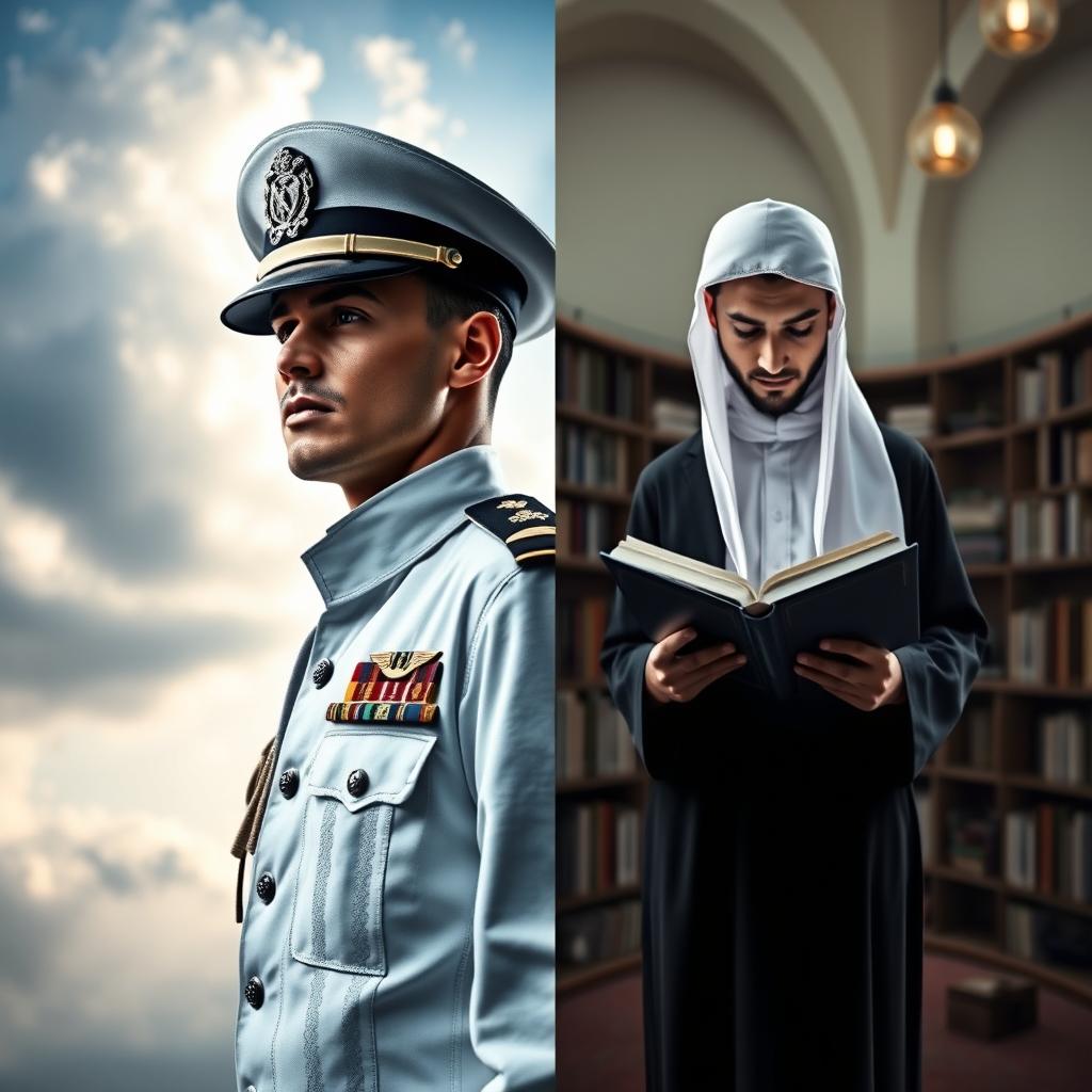 A visually striking split cover design featuring two distinct images: on the left, a navy soldier in full military attire, standing tall and proud with a determined expression, the backdrop showcasing a dramatic sky