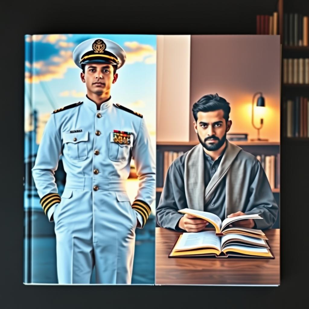 A visually captivating split cover design showcasing two distinct images: on the left, a navy soldier in a crisp uniform, standing resolutely with a strong expression, the backdrop featuring a navy vessel and sunset sky