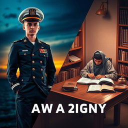 A visually captivating split cover design showcasing two distinct images: on the left, a navy soldier in a crisp uniform, standing resolutely with a strong expression, the backdrop featuring a navy vessel and sunset sky