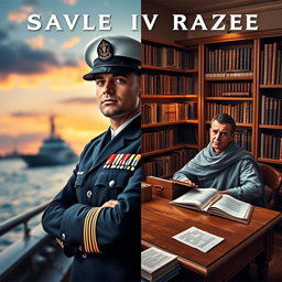 A visually captivating split cover design showcasing two distinct images: on the left, a navy soldier in a crisp uniform, standing resolutely with a strong expression, the backdrop featuring a navy vessel and sunset sky