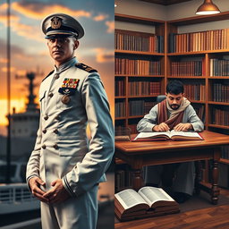 A visually captivating split cover design showcasing two distinct images: on the left, a navy soldier in a crisp uniform, standing resolutely with a strong expression, the backdrop featuring a navy vessel and sunset sky