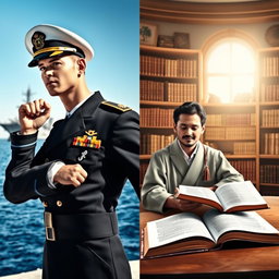 A captivating split cover design depicting two contrasting themes: on the left, a navy soldier in a well-fitted uniform, showcasing a proud and resilient stance, with a backdrop of a naval ship and vast ocean, under a clear blue sky