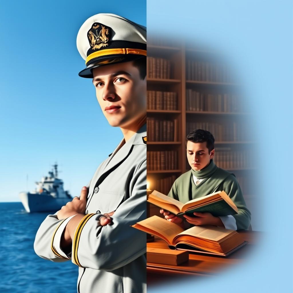 A captivating split cover design depicting two contrasting themes: on the left, a navy soldier in a well-fitted uniform, showcasing a proud and resilient stance, with a backdrop of a naval ship and vast ocean, under a clear blue sky