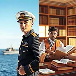 A captivating split cover design depicting two contrasting themes: on the left, a navy soldier in a well-fitted uniform, showcasing a proud and resilient stance, with a backdrop of a naval ship and vast ocean, under a clear blue sky
