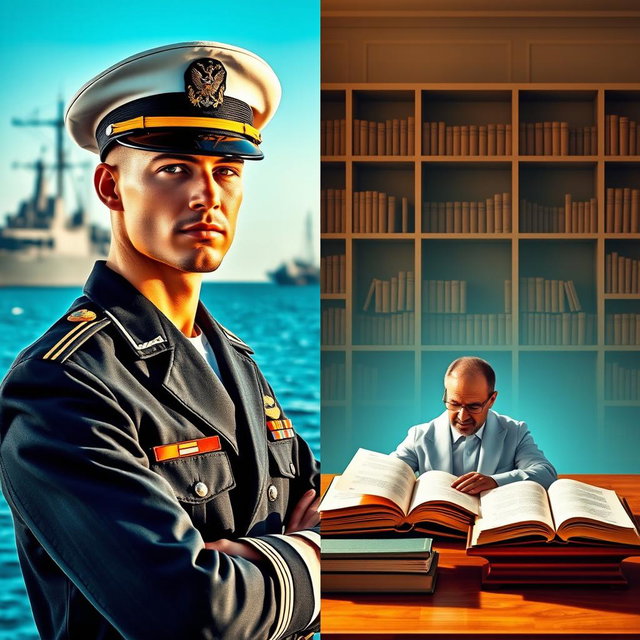 A captivating split cover design depicting two contrasting themes: on the left, a navy soldier in a well-fitted uniform, showcasing a proud and resilient stance, with a backdrop of a naval ship and vast ocean, under a clear blue sky