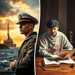 A compelling split cover design featuring two contrasting images: on the left, a navy soldier in full uniform, showcasing his strength and pride
