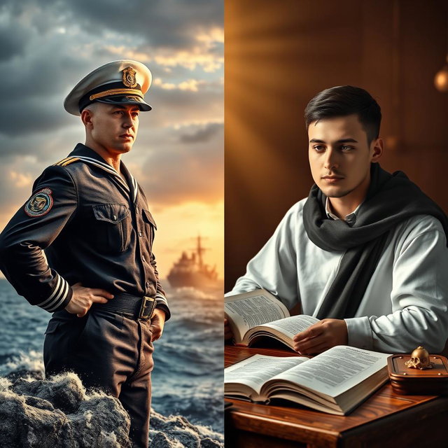 A compelling split cover design featuring two contrasting images: on the left, a navy soldier in full uniform, showcasing his strength and pride
