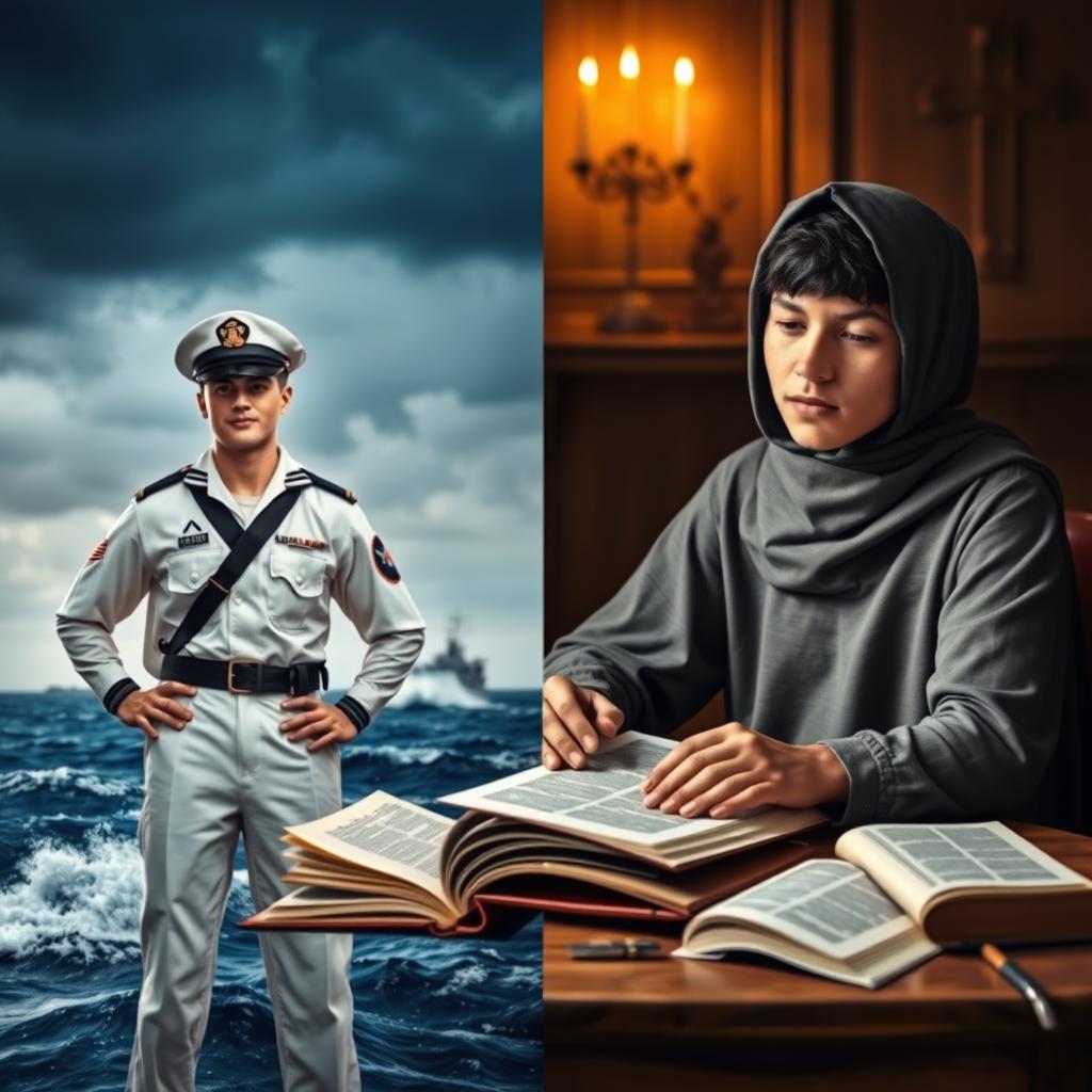 A compelling split cover design featuring two contrasting images: on the left, a navy soldier in full uniform, showcasing his strength and pride