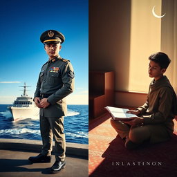 A striking split cover design showcasing two distinct images: on the left, a TNI Navy soldier dressed in full combat uniform, standing confidently with a backdrop of a naval vessel slicing through the ocean waves under a bright blue sky